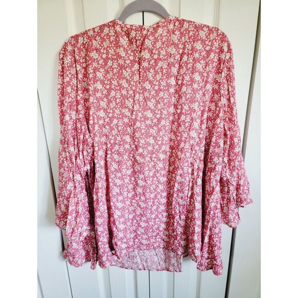Suzanne Betro 4X Floral 3/4 Flutter Sleeve Blouse‎ Pink White Floral Rayon NWT - Picture 2 of 10